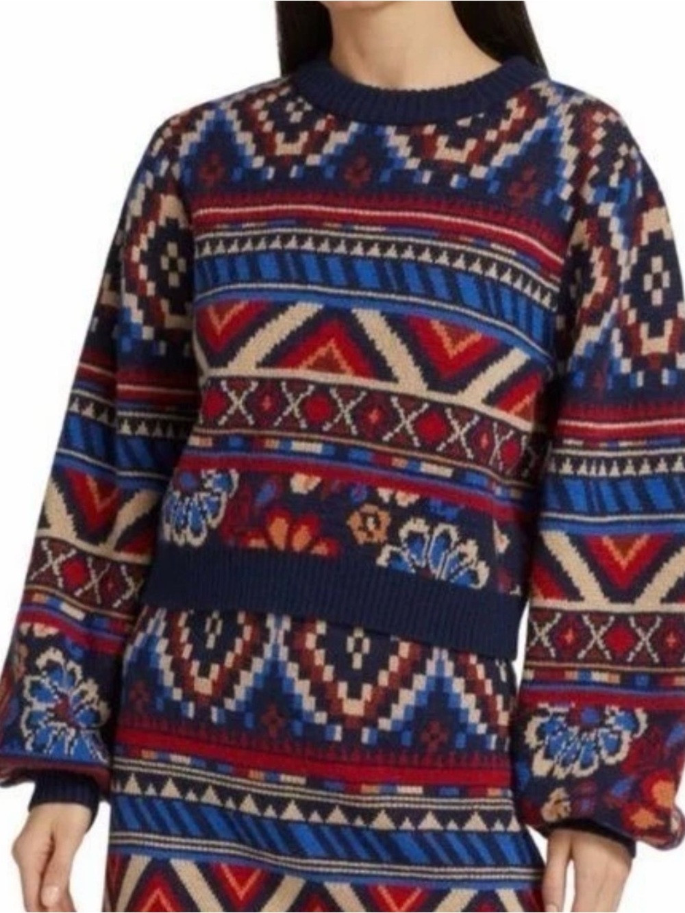 FARM Rio Ainika Tapestry Sweater | Navy and Red Geometric Pattern, Large